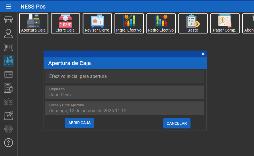 Pantalla real de apertura y control de caja en NessPos