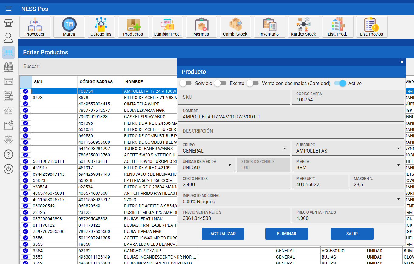 Pantalla de gestión de productos de NessPos